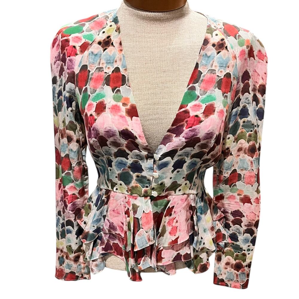 Alexis Size XS Womens Watercolor Peplum Top Pink Short Sleeve "Charlie" V Neck
